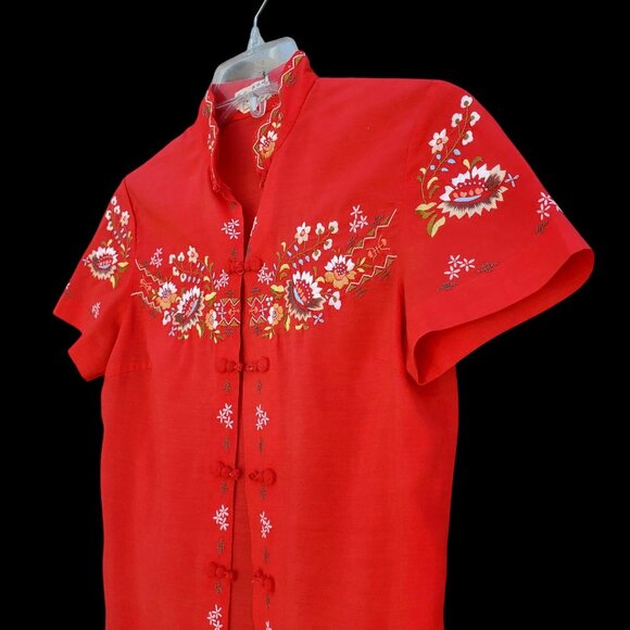 Vintage Boho Embroidered Shirt S Chinese Red Blouse Short Sleeve 60s 70s - Picture 13 of 13